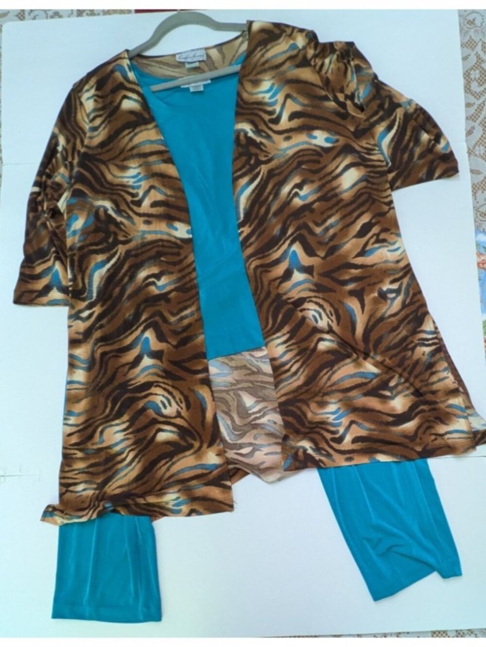 Carolyn Strauss 3 Piece Set Size 1X Teal Pants and Tank Brown Abstract Cardigan